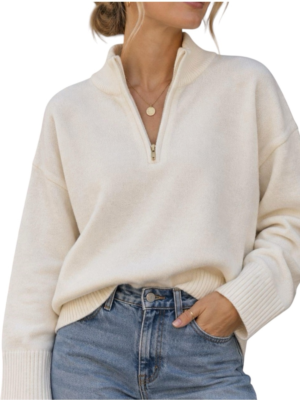 ❤️NWOT DKNY Women’s Cream Quarter Gold Zip Minimalist Relaxed Fit Sweater | XL